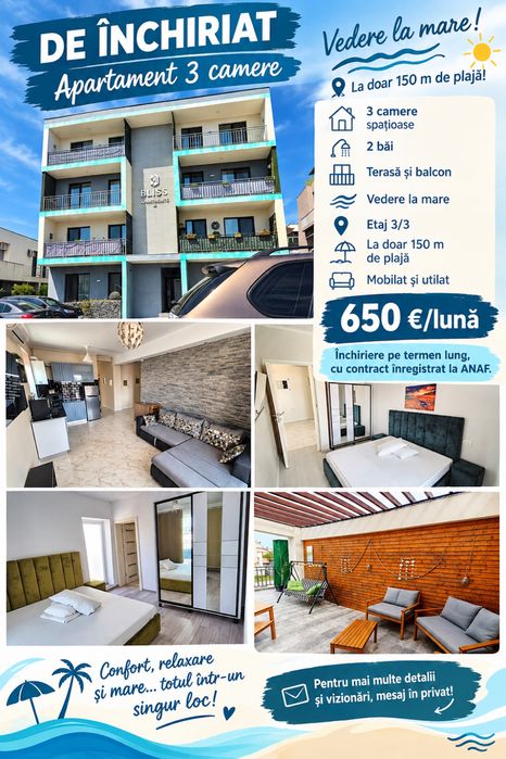 DE ÎNCHIRIAT – Apartament 3 camere +terasa privata in Mamaia Nord