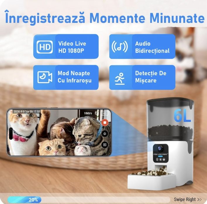 Hrănitor Automat Smart pentru Câini și Pisici Fish & Paws, Capacitate 6L, WiFi Dual 5G/2.4G, Cameră Live 1080p Full HD, Audio Bidirecțional, Nou