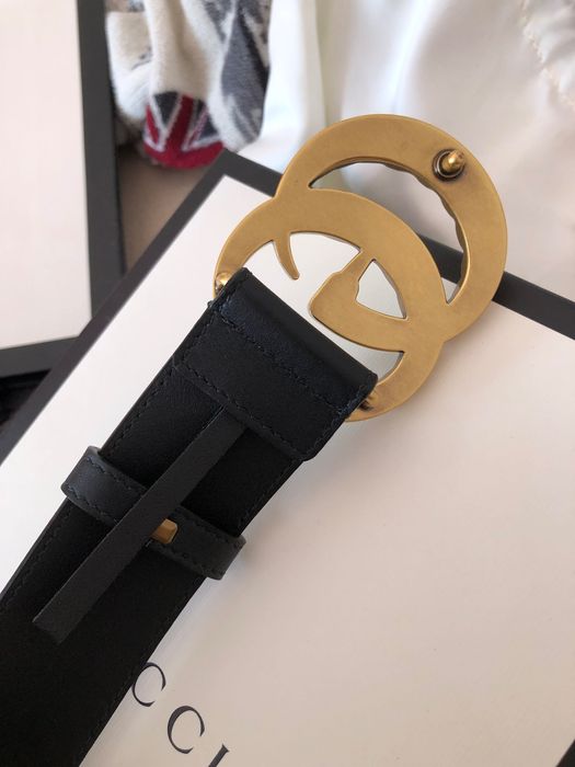 Curea originala Gucci Black Leather Belt With Pearl Double G Buckle