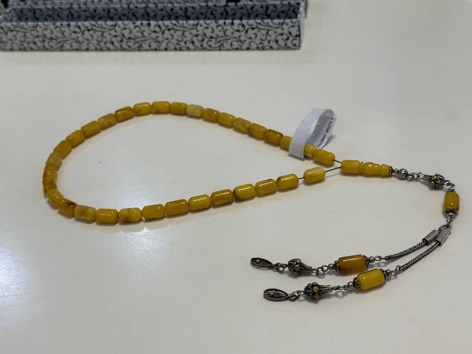 Янтарные четки тасбехи с серебром 929 пробы
