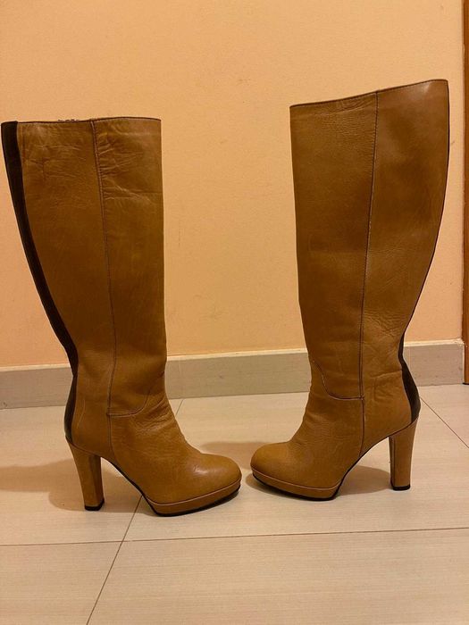 Cizme elegante, piele naturală, maro, lungi, cu toc înalt, mărimea 35