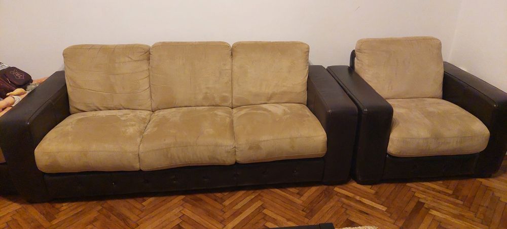 Canapea , fotoliu și taburet  mobexpert piele naturala/piele intoarsa