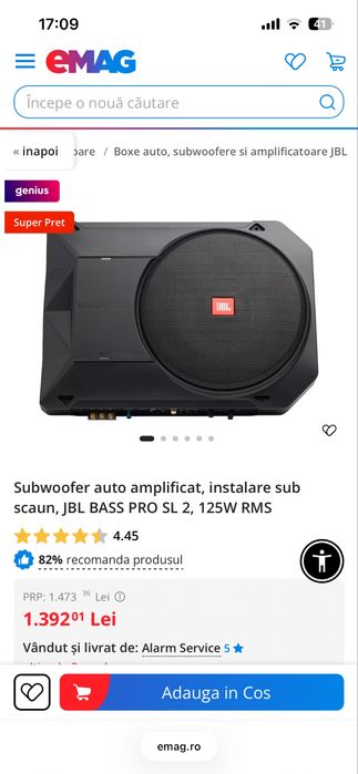 Subwoofer auto amplificat, instalare sub scaun, JBL BASS PRO SL 2, 125W RMS