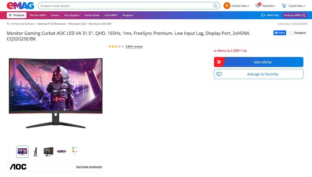 Monitor Gaming Curbat AOC 31.5” QHD | 165Hz | FreeSync Premium