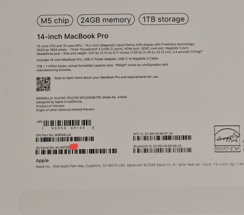 MacBook Pro 14 M5 24/1TB 5 циклов