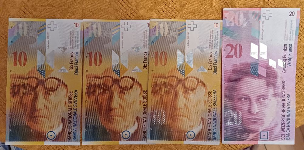 Bancnote CHF seria veche 3×10 CHF și 1×20 CHF – stare foarte bună
