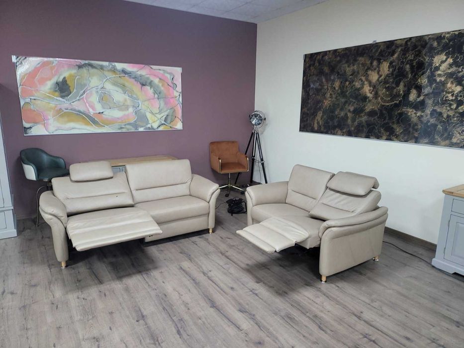 Комплект кожени дивани тройка и двойка цвят камел с ел. релакс