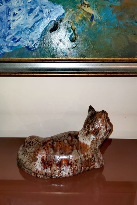 Керамична фигурa на котка тигър, ръчно изработена глазирана арт котка