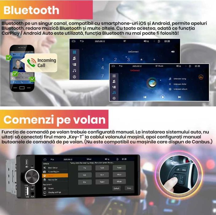 Navigatie GPS 1DIN Wireless CarPlay & Android Auto | Cameră Marșarier Inclusă