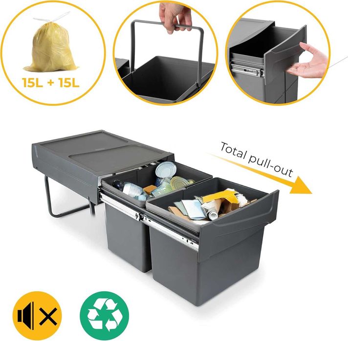 Кош за кухненски отпадъци Emuca с долно закрепване, капацитет 2 x 15 л