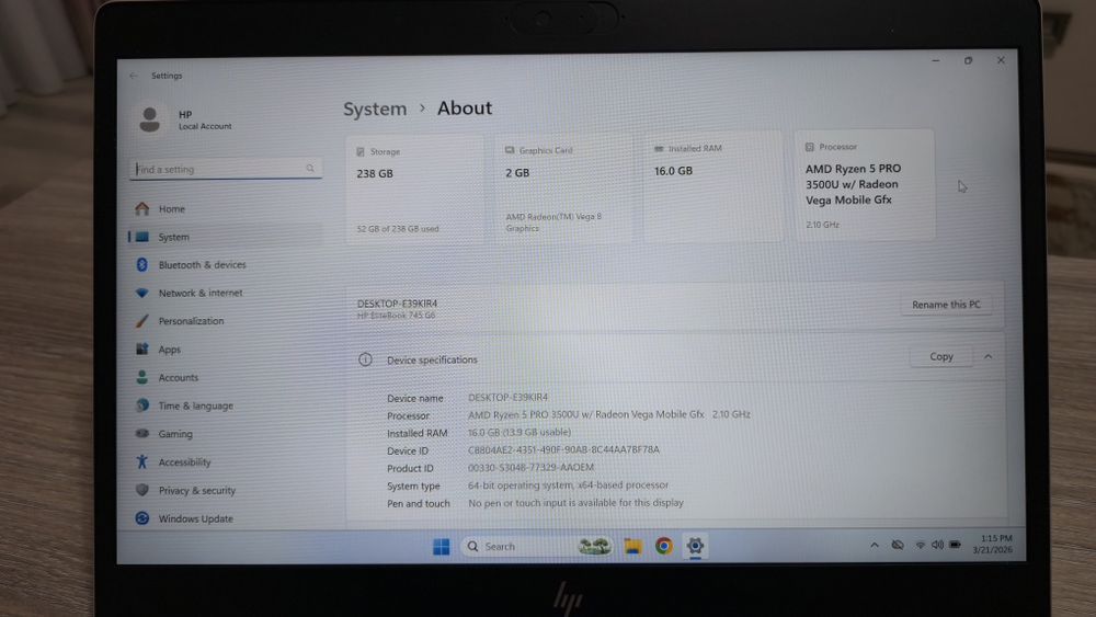 Laptop Hp Elitebook 745 G6, ryzen5, 16Gb, ssd256, 14.1Fhd, ,video 2GB