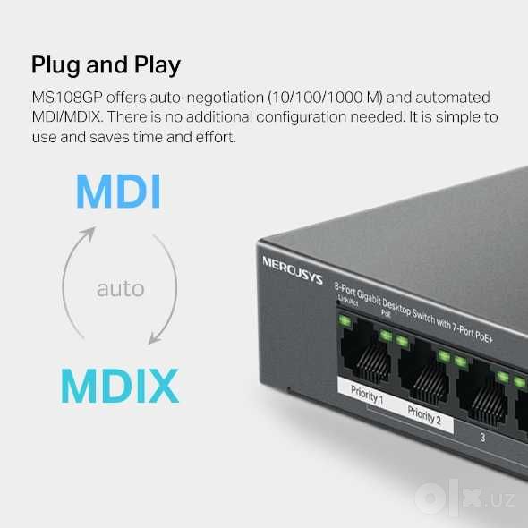 8 портовый гигабитный коммутатор с 7 порта PoE+ Mercusys MS108GP