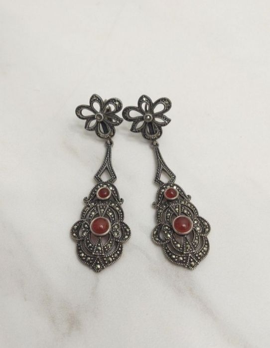 Винтажные серьги из серебра. Марказиты и сердолик