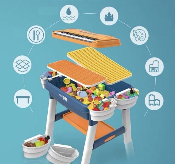 Masuta de activitati pentru copii tip Lego cu scaunel si pian  Buddy