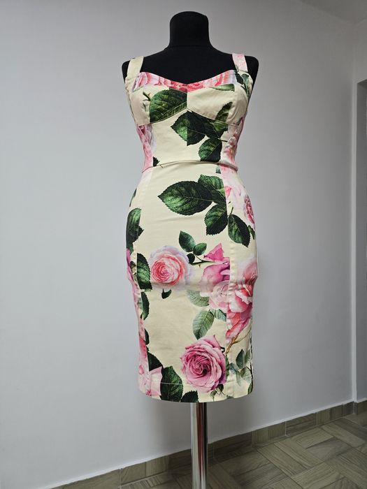 Rochie midi cu corset, model D&G, imprimeu trandafiri din bumbac