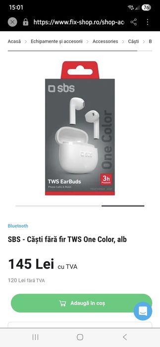 SBS - Căști fără fir TWS One Color, alb