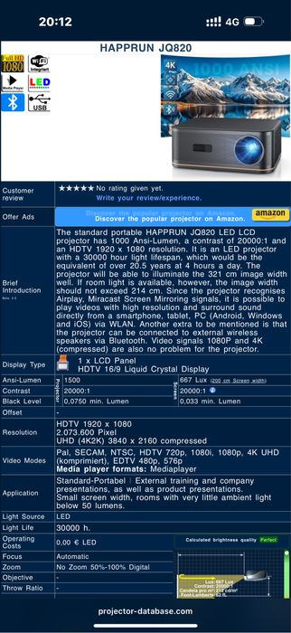 Video proiector LED JQ820 HD Ultra 4K NOU SIGILAT ! Happrun