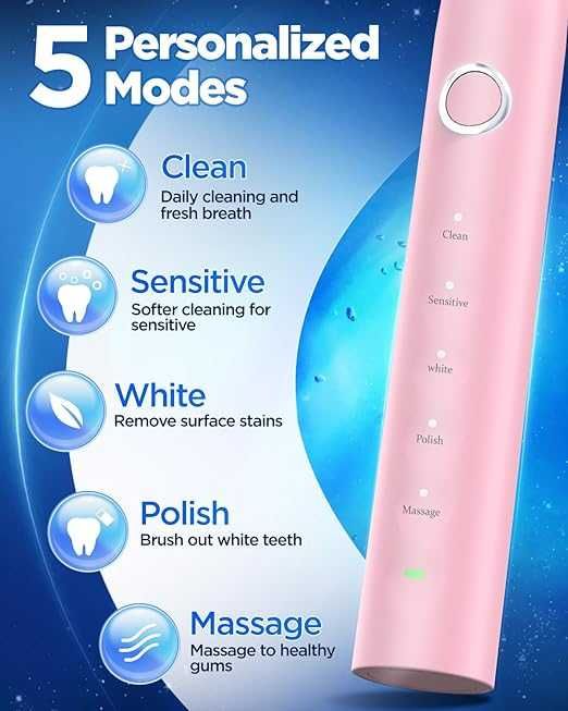 Електрическа звукова четка за зъби Yteath Y08 с 8 глави USB C Розова