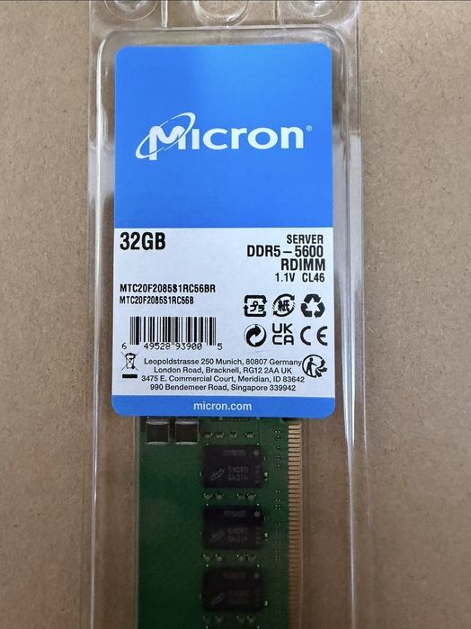 8 x Micron 32GB DDR5-5600 RDIMM 2Rx8 CL46 MTC20F2085S1RC56BR