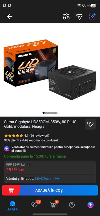 Sursă Gigabyte 850w Gold Full Modular