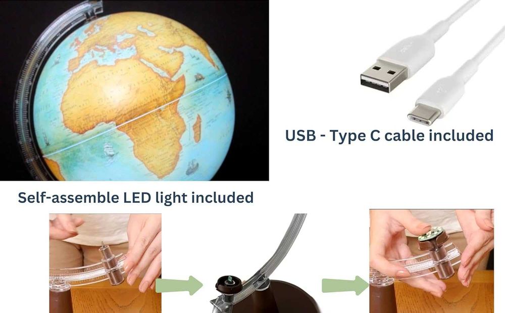 Glob pământesc luminos EXERZ 30 cm, design vintage, hartă în engleză