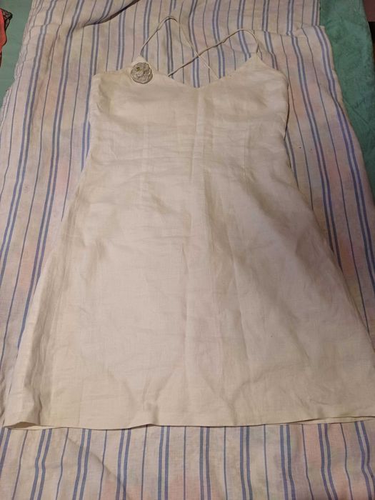 Дамска лятна рокля с презрамки,бяла,лен,използвана