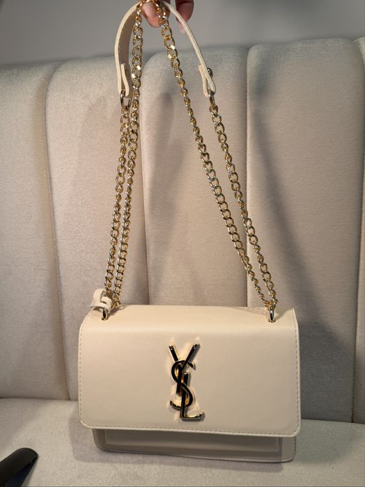 Geantă YSL- bej-alb cu sigla aurie