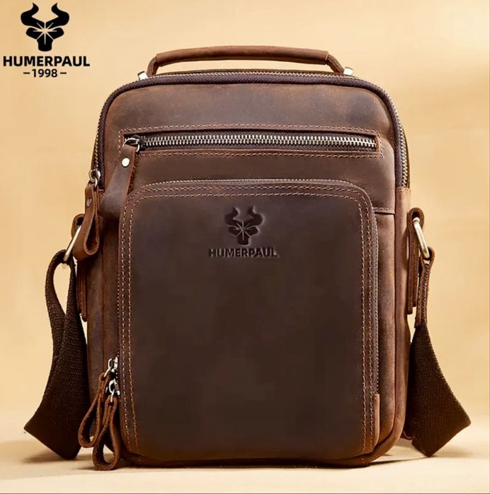 Мъжка месинджър чанта HIMERPAL*/Crazy Horse•Естест. кожа -10% Промоция