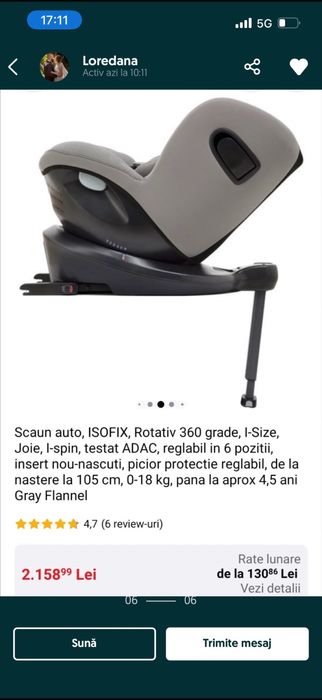 Joie Scaun auto rotativ I-Spin 360° E, Gray Flannel, Joie