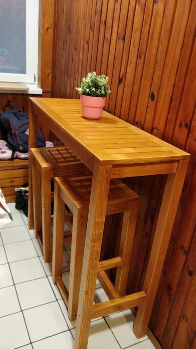 Бар маса с два бар стола от естествен Чам
