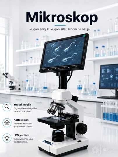 Mikroskop - 40–1000x kattalashtirish, isitish stoli bilan