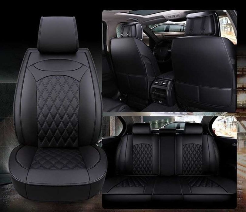 Комплект луксозна Кожена тапицерия за автомобил - Черен/Черен шев.