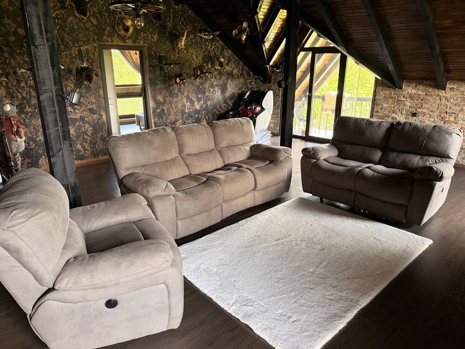 Set canapea recliner Relax 3+2+1, tapițerie catifelată, maro