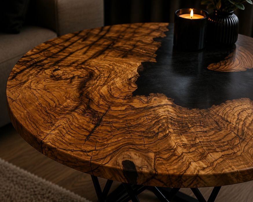 „Masă cafea epoxy din lemn de măslin premium handmade”