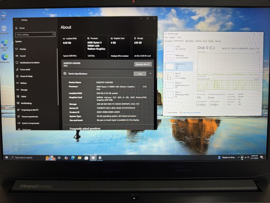 Laptop Lenovo Idepad Gaming 3, Ryzen 5 5600H, GTX 1650, 8GB/256GB Impecabil