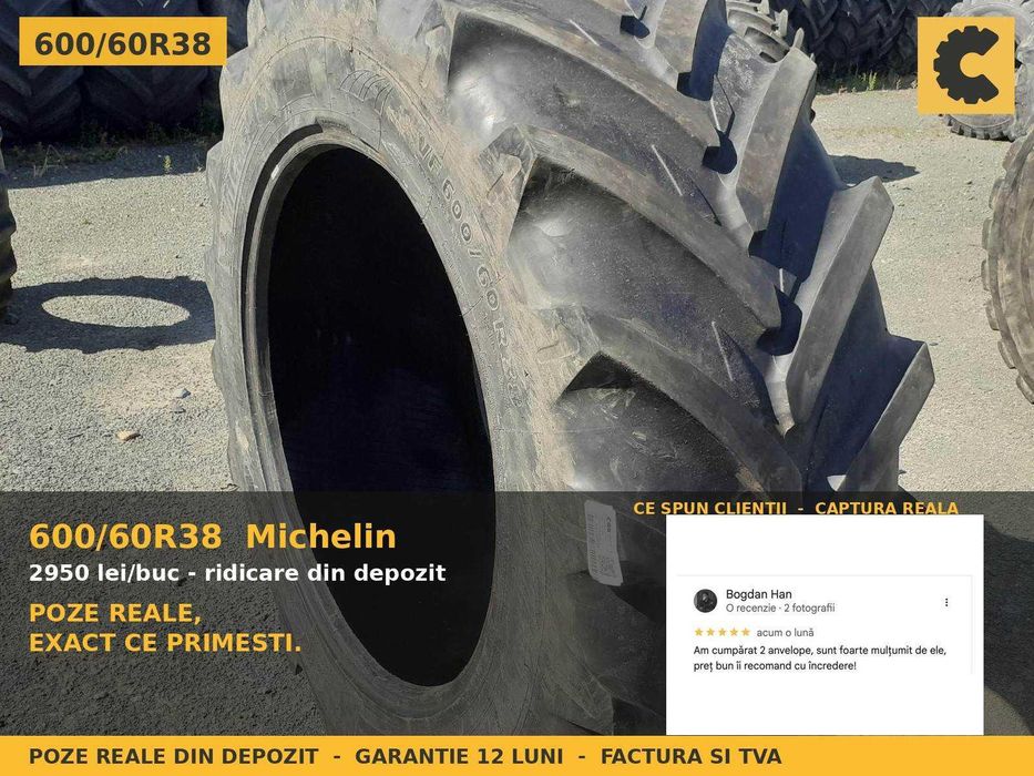 Cauciucuri 600/60R38 Michelin ANVELOPE Tractor Spate 4x4 Fendt John Deere Deutz Valtra SH GARANTIE Factura TVA
