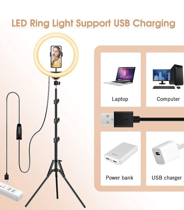 Lampa circulara Ring Light, diametru 30cm/12inch LED, conectare USB, 3 moduri de lumina, 10 trepte reglaj, suport telefon,