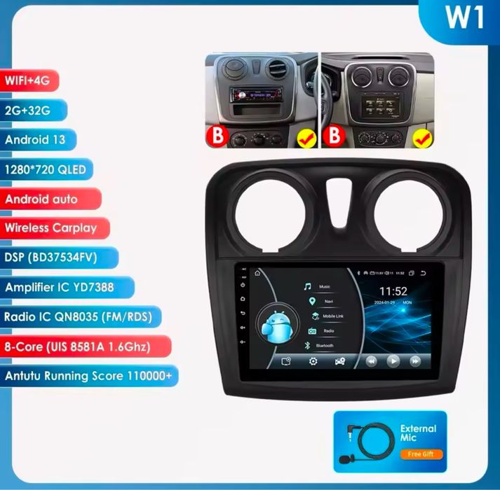 Navigatie Android Carplay Dacia Logan 2 , Sandero,MCV,Duster,Renault