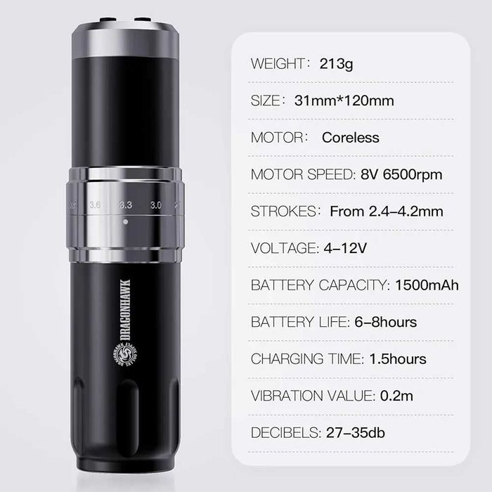 Нова безжична машинка за татуировки Dragonhawk, 2 батерии 1500mAh ...