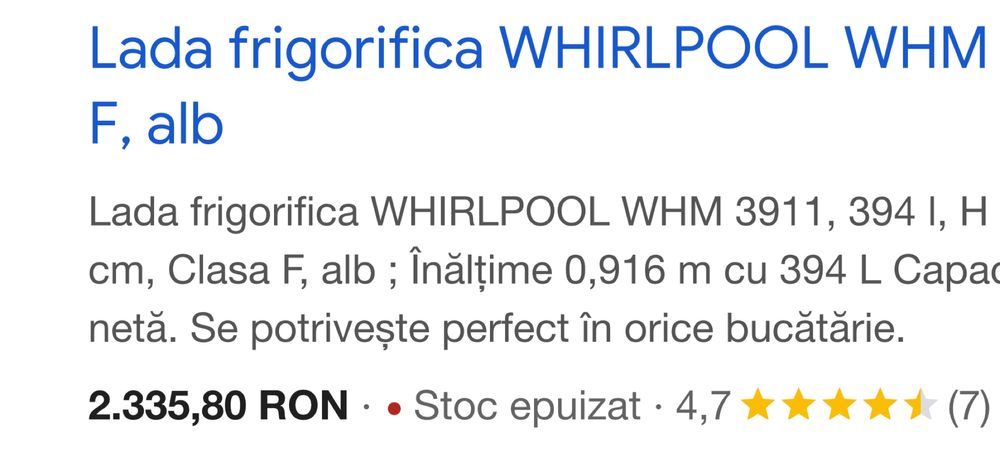 Vand ladă frigorifica mare,140/65/70 cm Whirlpool WHM 3911