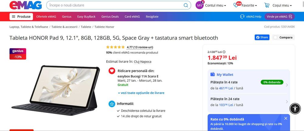 Tableta HONOR Pad 9,  tastatura smart bluetooth