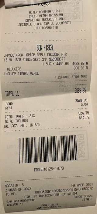 MacBook Air 13” M4 16GB RAM / 256GB SSD, nou, garantie 1 an, Sky Blue