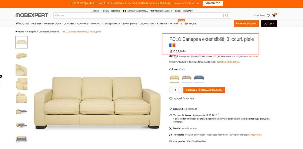 Canapea piele naturala extensibila Mobexpert + fotoliu + taburet gama POLO