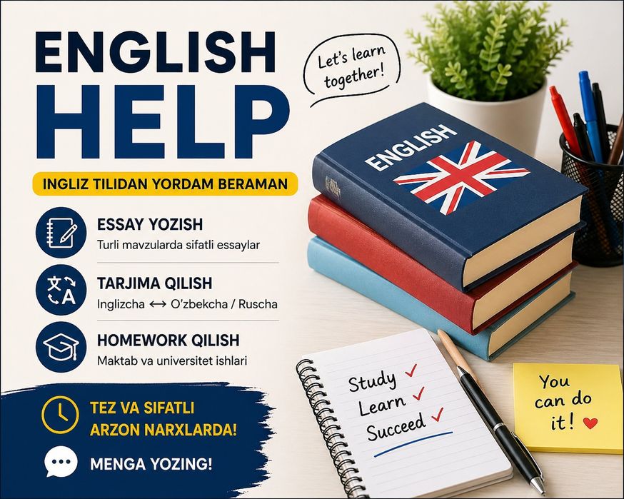 Ingliz tili homework va essay yozib beraman
4)