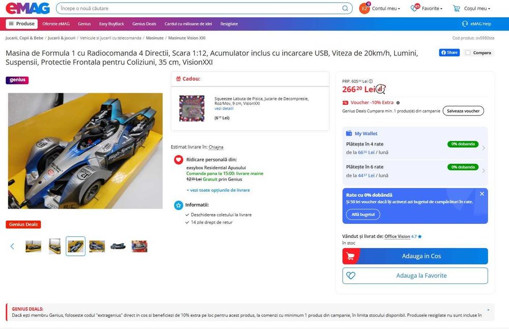 Masina de Formula 1 cu telecomanda 40cm lungime, in cutie sigilata