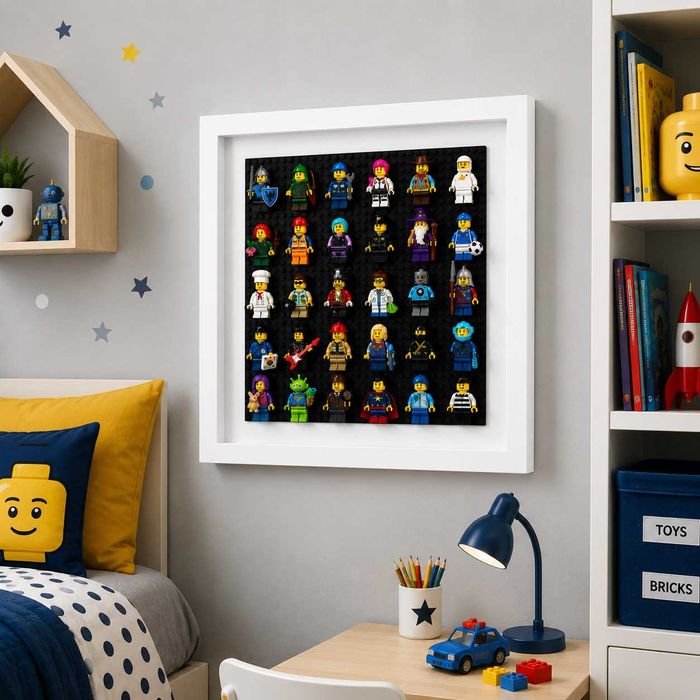 Ramă albă din lemn – suport expunere figurine și colecții lego