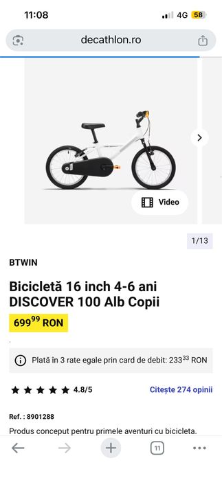 Bicicletă 16 inch 4-6 ani DISCOVER 100 Alb