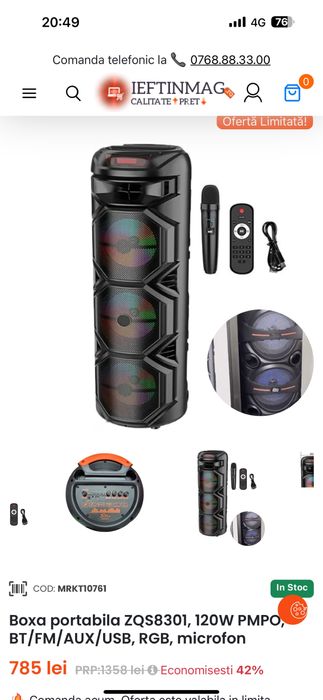 Boxa portabila ZQS-8301 USB, 120W, 100 CM, Bluetooth, RGB,