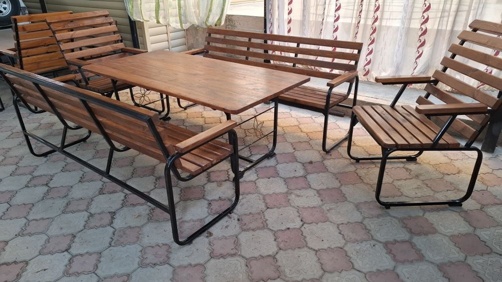 Скамейка, стол 2×1м и кресла