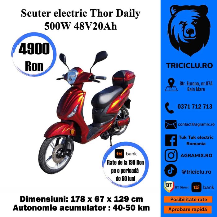 Scuter electric alb-rosu-maro Thor Daily farapermis noi Agramix